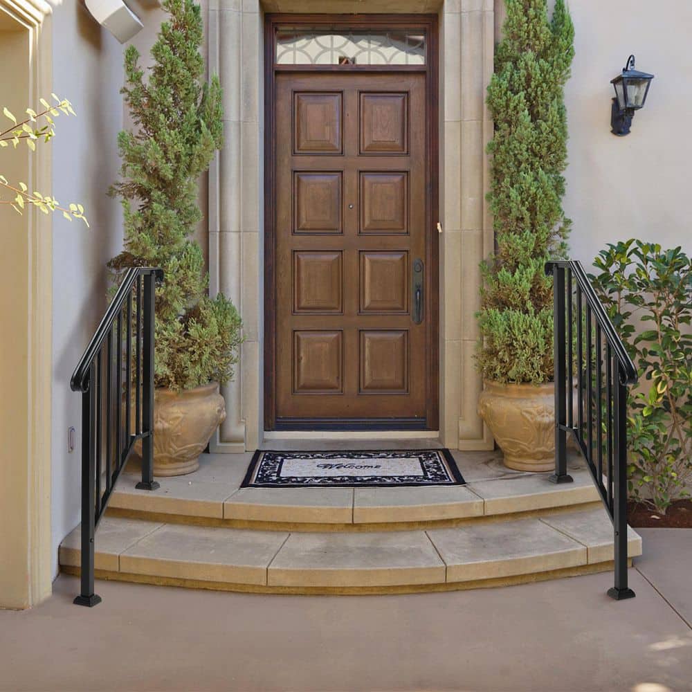 Matte Black 2-Step Wrought Iron Handrail with Stainless Steel Mounts