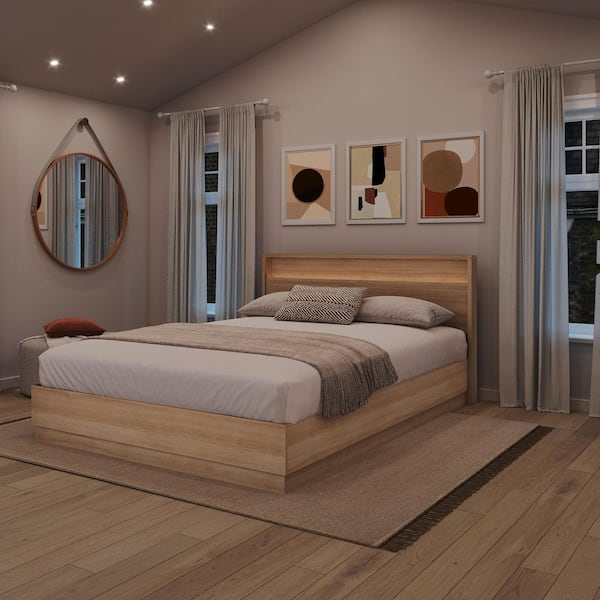 Gael Brown Oak Queen Size Headboard with Integrated Lighting