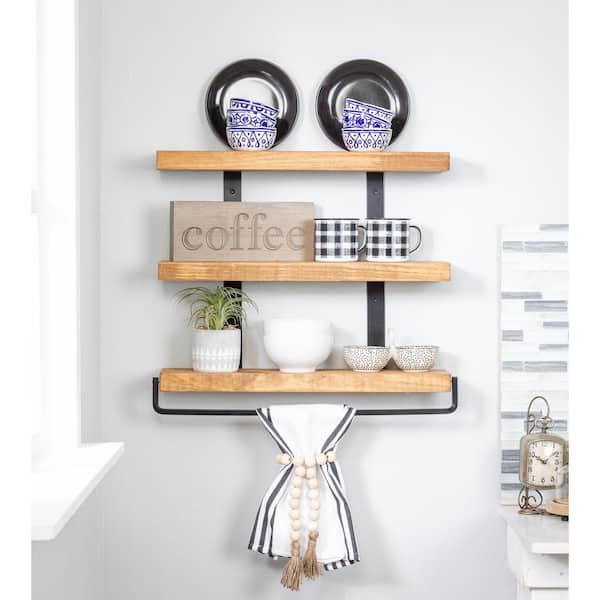 Unbranded 5.5 in. x 24 in. x 20 in. Walnut Pine Wood 3-Tier with Towel Bar Decorative Wall Shelf with Brackets