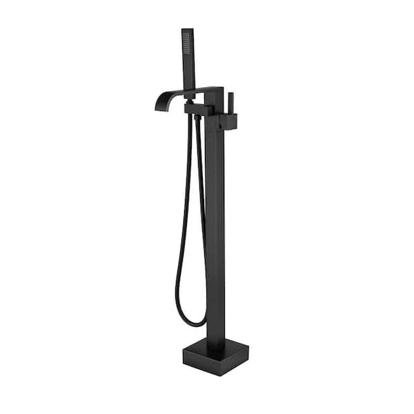 Single-Handle Square Freestanding Tub Faucet with Hand Shower in Matte Black