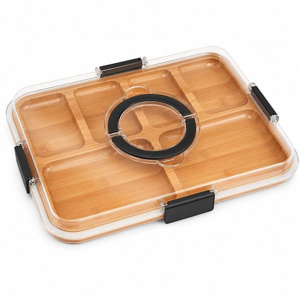 14.4 in. Modern Black Bamboo Charcuterie Serving Board with Lid 6 Compartments, Travel Portable Cheese Cutting Board