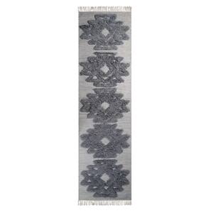10 ft. Silver and Grey Wool Geometric Flatweave Handmade Stain Resistant Runner Rug with Fringe