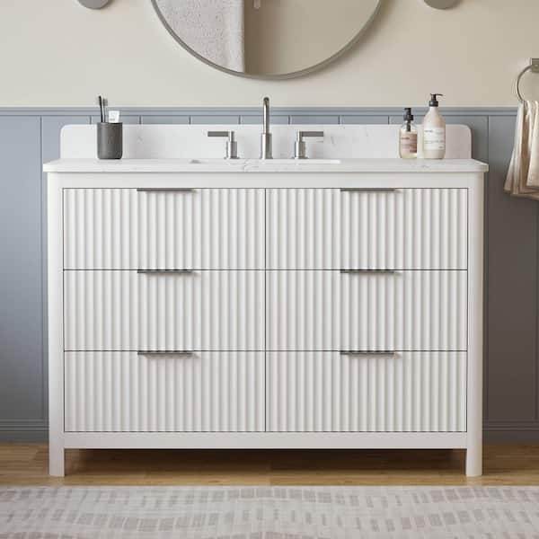 DELUXE DL LIVING Gwen 49 in. Single Sink Freestanding White Bath Vanity with Carrara White Engineered Stone Top and Backsplash Assembled