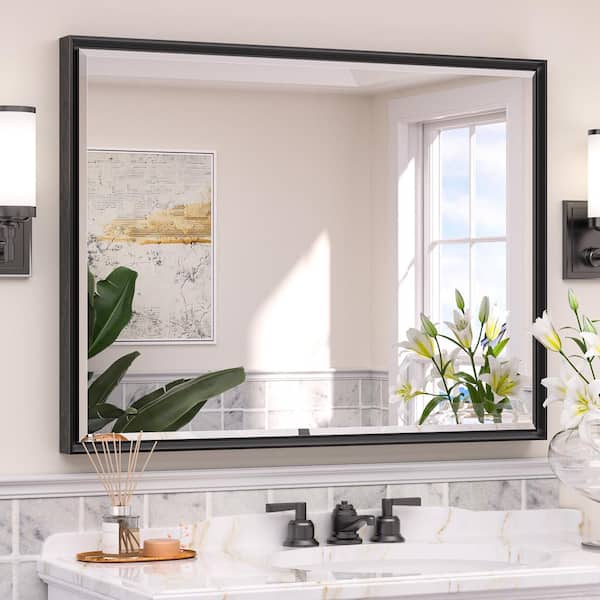 KeonJinn 40 in. W x 30 in. H Rectangular Framed Beveled Edge Wall Bathroom Vanity Mirror in Black
