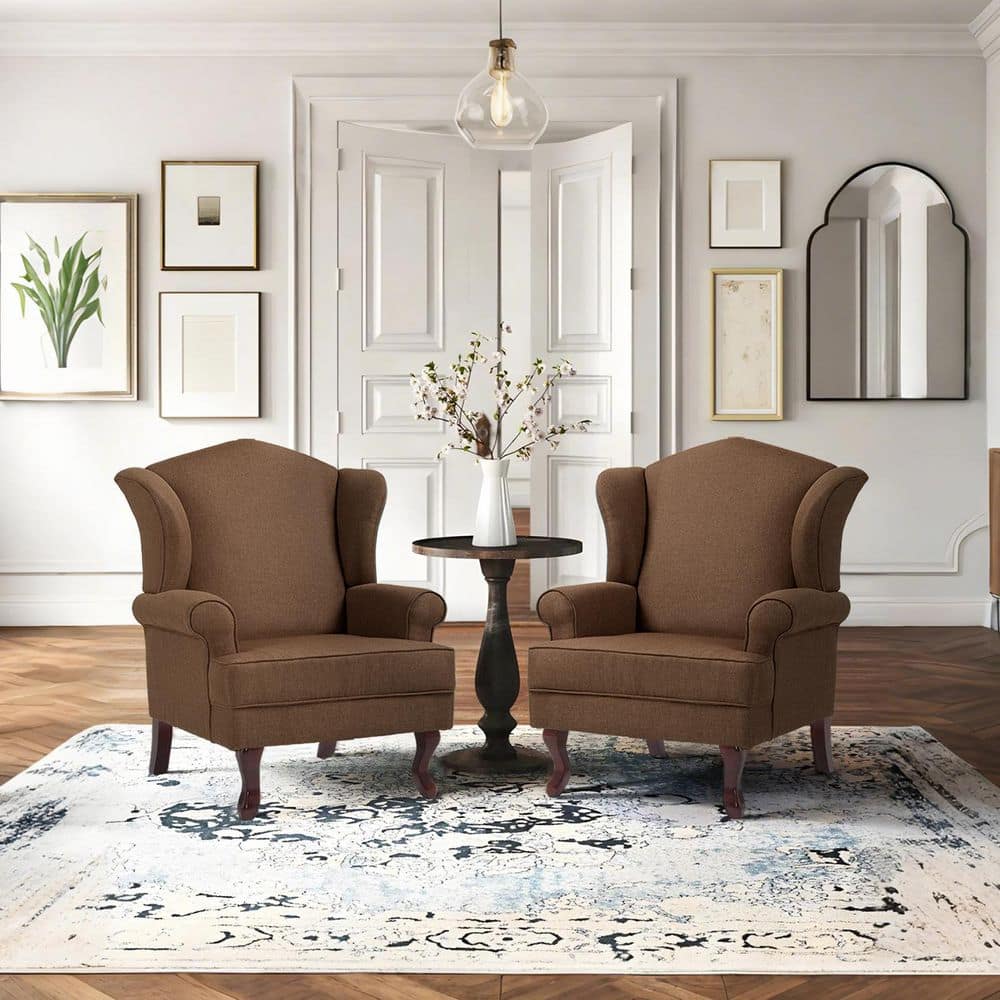 Uixe Brown Linen Wood Legs Upholstered Accent Arm Chair with