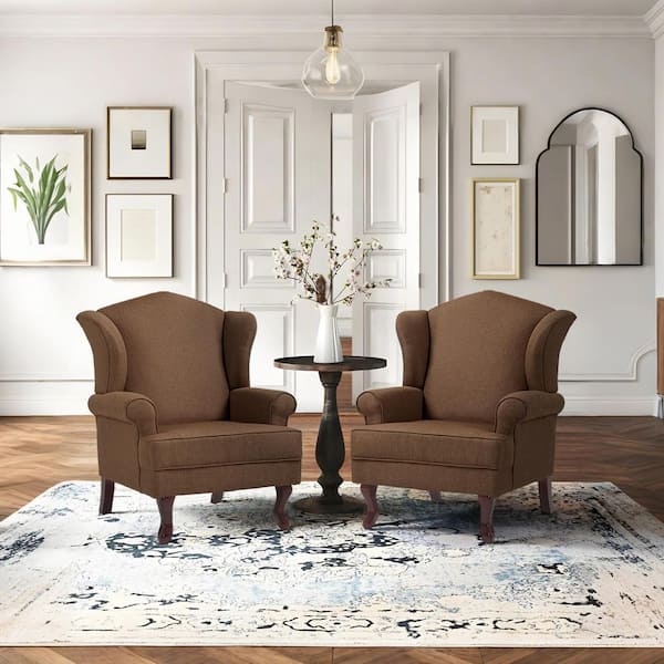Uixe Brown Linen Wood Legs Upholstered Accent Arm Chair with Wingback (Set of 2)