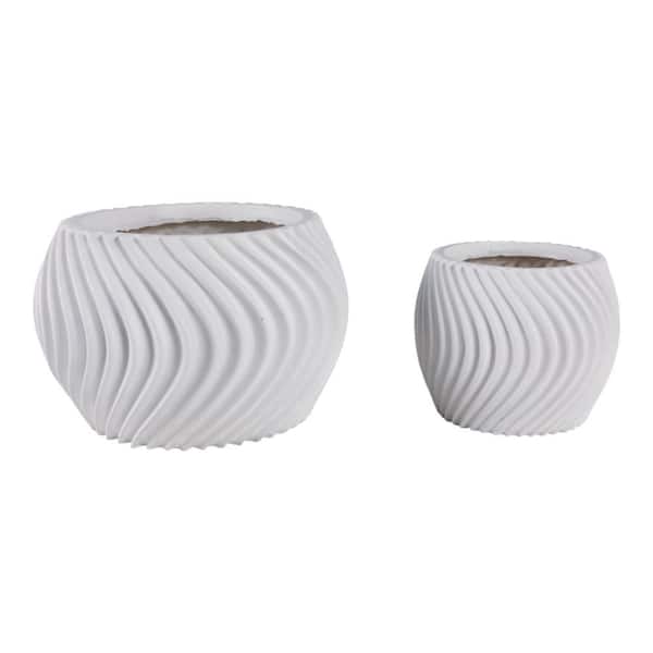 8 in. and 12 in. White Resin Round Curvy Lines Decorative Pots (Set of 2)