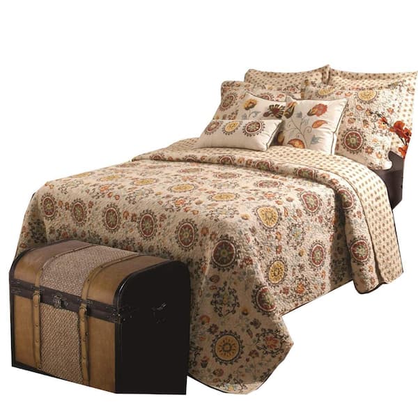 Benjara 5-Piece Beige and Brown Solid Queen Size Microfiber Quilt Set