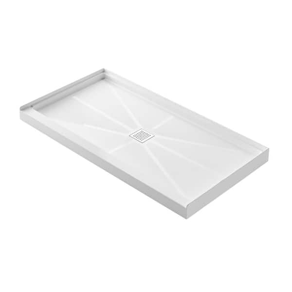 ES-DIY 48 in. L x 32 in. W Alcove Shower Pan Base with Center Drain in High Gloss White