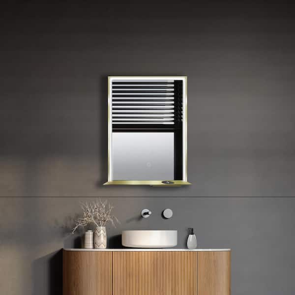 24 in. W x 32 in. H Rectangular Aluminum Framed LED Bluetooth Wall Mount Bathroom Vanity Mirror in Matte Gold