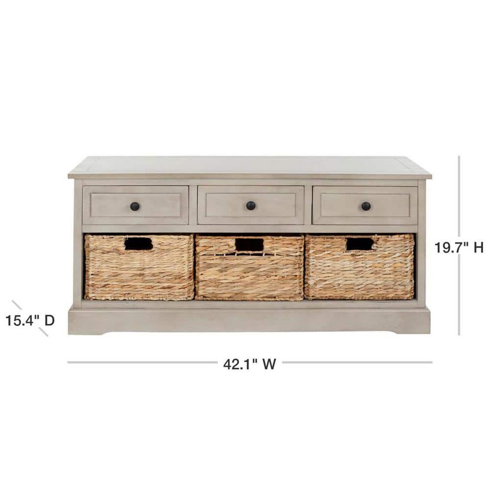 Transitional Gray 42" Solid Wood Storage Bench with Wicker Baskets