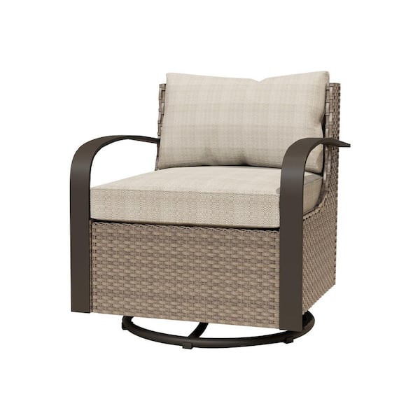 Outdoor Patio Wicker Lounge Chair Swivel Rocking Chair with Beige Cushions