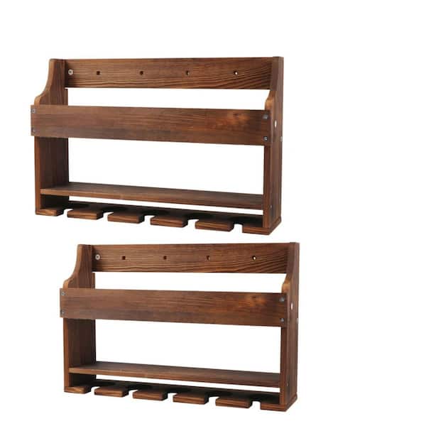 11.8 in. H x 16.9 in. W 5-Bottle Dark Brown Wooden Wall Mounted Bar Shelves with LED Light and Glass Holder for Home Bar