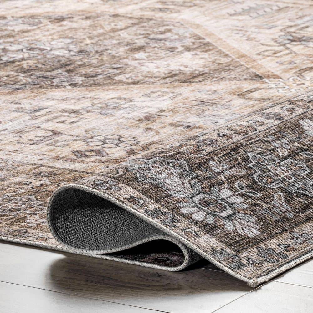 Devin Light Brown Synthetic Medallion 6' x 9' Washable Area Rug