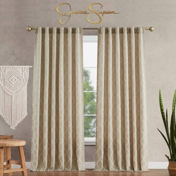Jessica Simpson Lynee Textured Beige Polyester Blackout Back Tab Tiebacks Curtain - 52 in. W x 84 in. L (2-Panels)