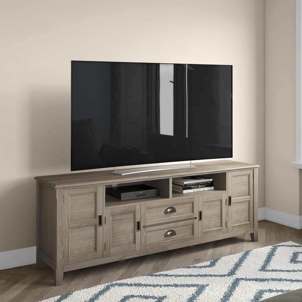 Burlington Solid Pine 72" TV Media Stand in Distressed Grey with Cabinet