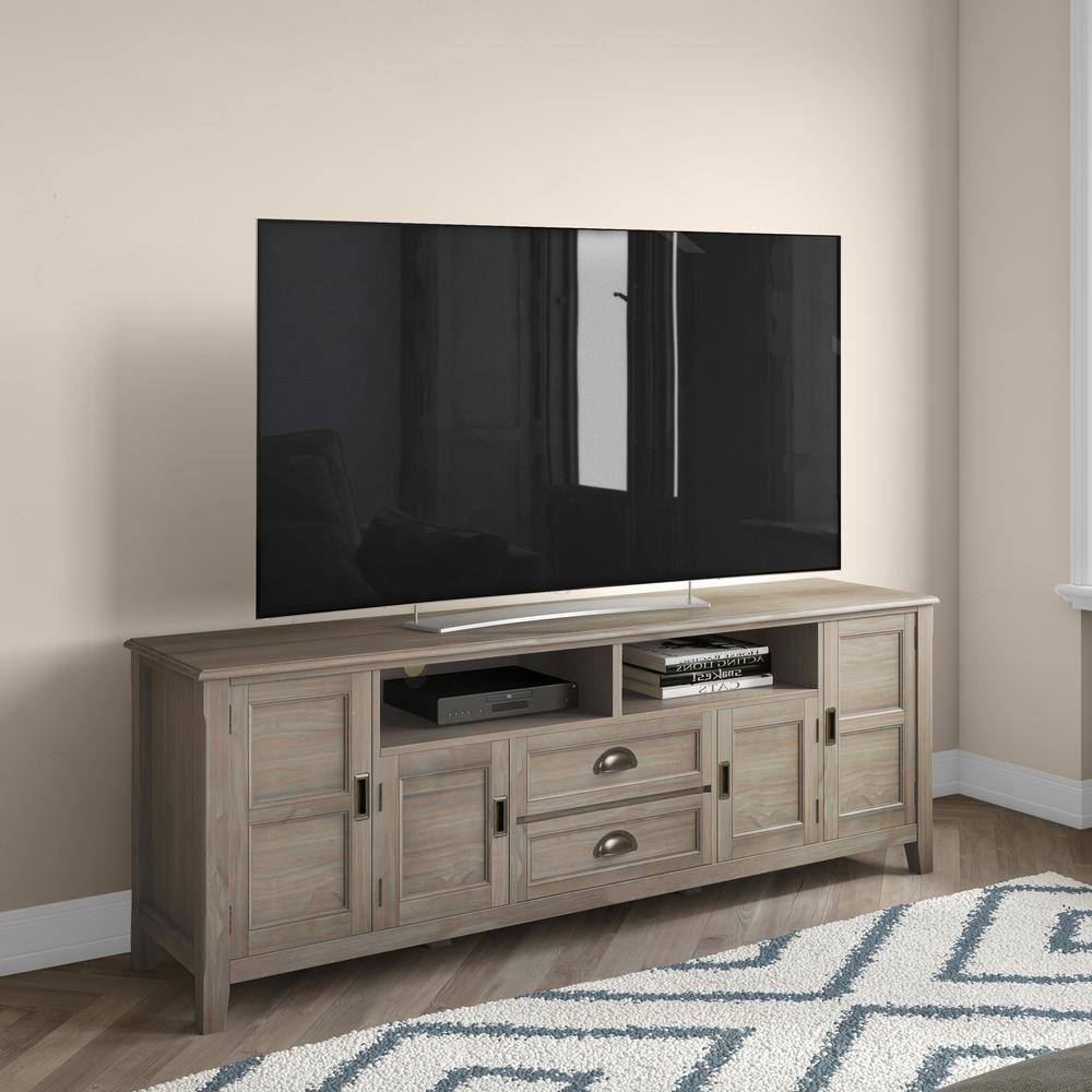 Burlington Solid Pine 72" TV Media Stand in Distressed Grey with Cabinet