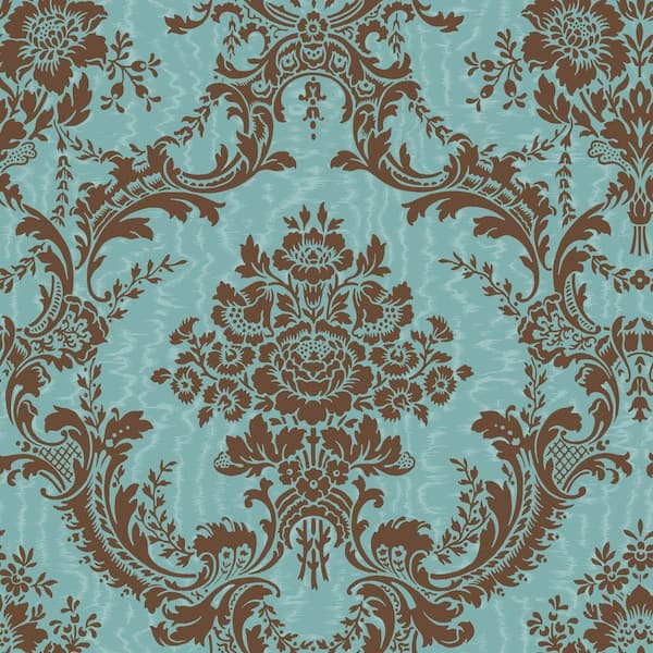 The Wallpaper Company 56 sq. ft. Brown and Blue Mid-Scale Damask on a Moire Ground Wallpaper