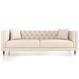 Louise 91 in. W Luxury Modern Square Arm Tufted Velvet Living Room Rectangle Couch in Ivory