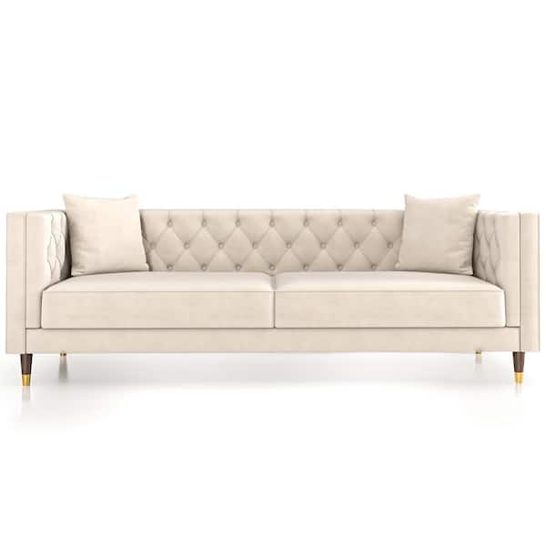 Ashcroft Furniture Co Louise 91 in. W Luxury Modern Square Arm Tufted Velvet Living Room Rectangle Couch in Ivory