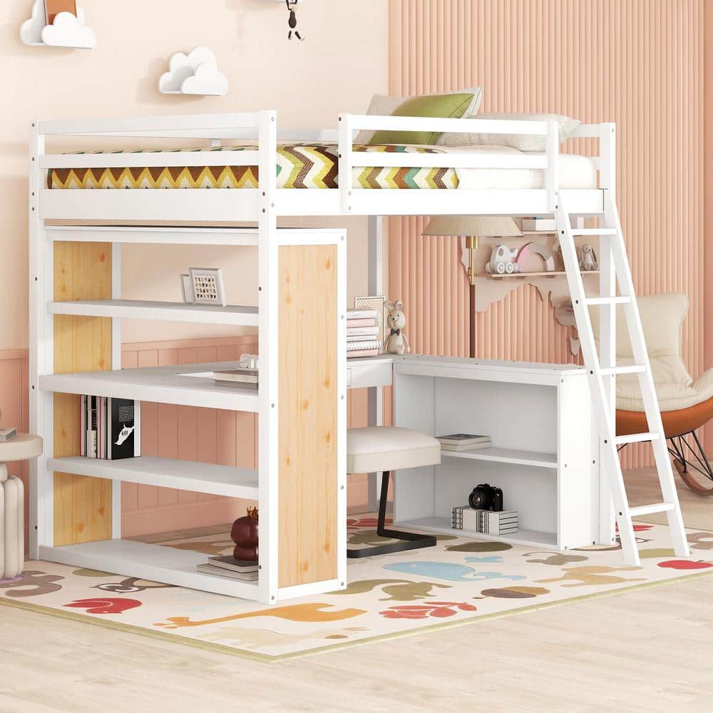 Harper & Bright Designs White Full Wooden Loft Bed with Shelves, Desk ...