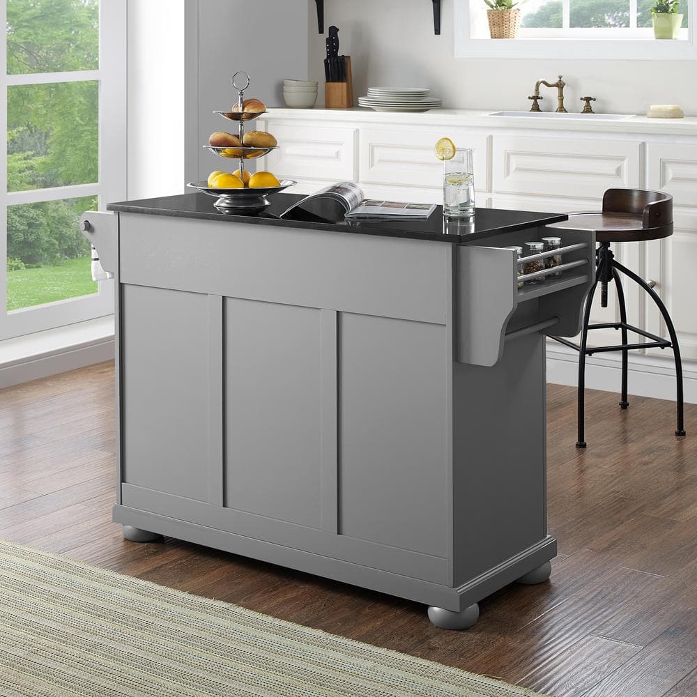 Alexandria Gray Solid Hardwood Kitchen Island with Black Granite Top