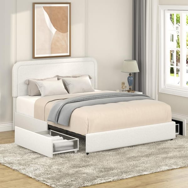 Noble House Liv Ivory Boucle Upholstered Metal Frame Storage Bed Queen Size Platform Bed with 2-Drawers