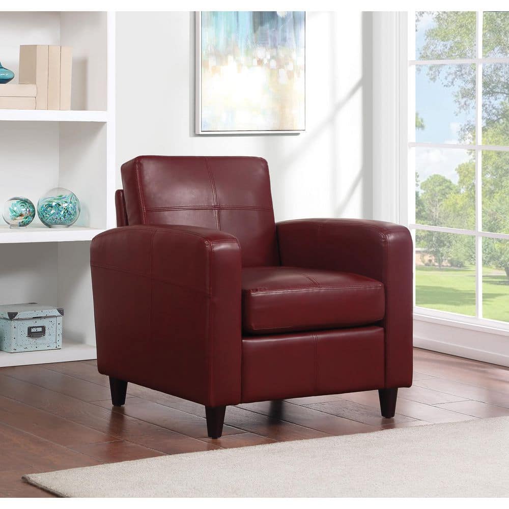 Crimson Red Leather Accent Chair with Wood Legs