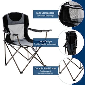 Black 1-Piece Metal Outdoor Beach Chair Camping Lounge Chair Lawn Chair with Side Pocket and Cup Holder