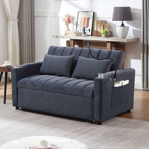 55.9 in. Square Arm Polyester Rectangle Sofa with 3 USB Ports in Blue Gray