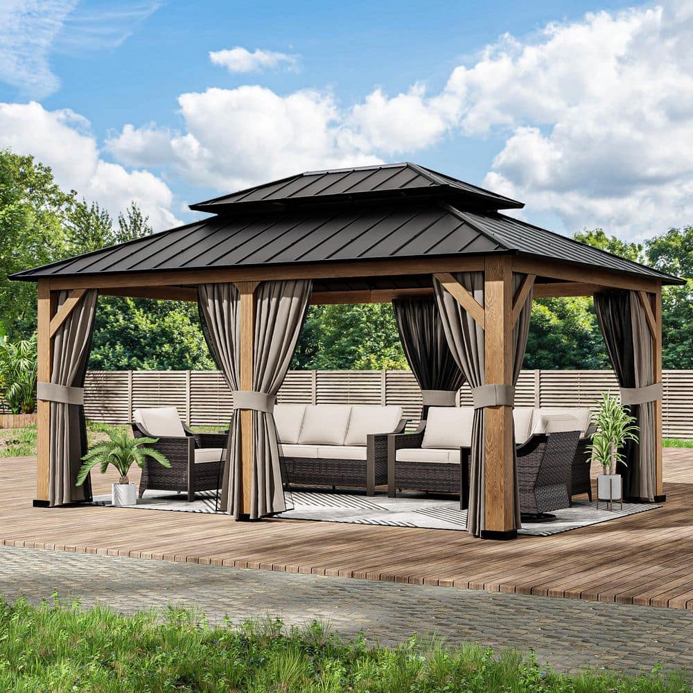 Gardenbee 17 ft. x 13 ft. Wood Grain Outdoor Patio Aluminum Double