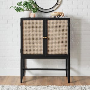 Odell Cane Accent Bar Cabinet with Removable Wine Rack in Black/Rattan (36" W x 47.5" H)