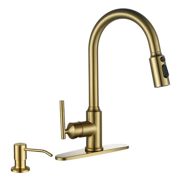IVIGA 3 Patterns Stainless Steel Single Handle Pull Down Sprayer Kitchen Faucet with Flexible Hose Soap Dispenser in Gold