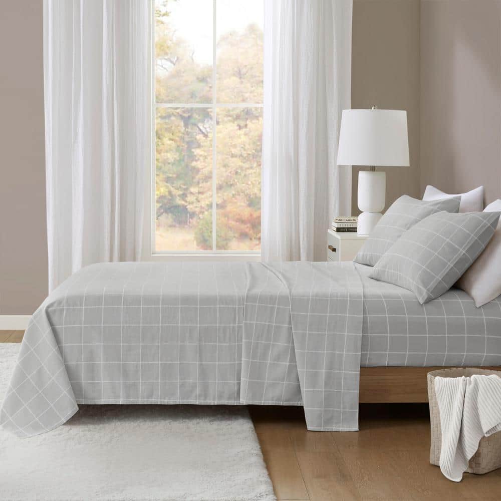 California King Grey Windowpane Cotton Flannel Sheet Set