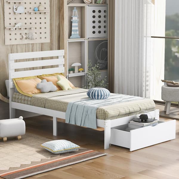 GOSALMON 77.4 in. W White Twin Size Wood Frame Platform Bed with Drawer