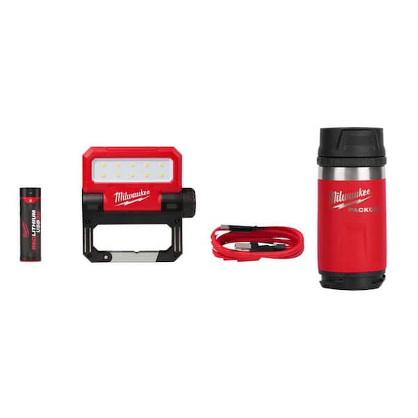 550 Lumens LED REDLITHIUM USB Pivoting Flood Light with PACKOUT Red 12 oz. Insulated Bottle with Sip Lid