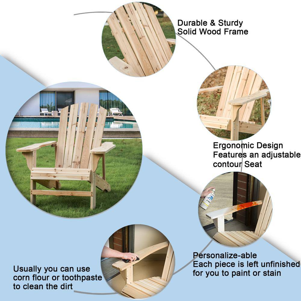 Natural Fir Wood Adirondack Chair with Wide Armrests