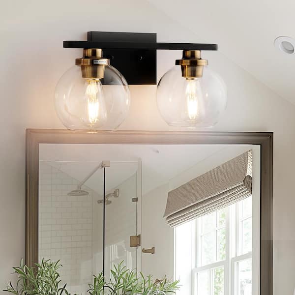 YANSUN 16 in. 2-Light Industrial Matte Black and Gold Bathroom Vanity Light, Open Globe Clear Glass Wall Sconce