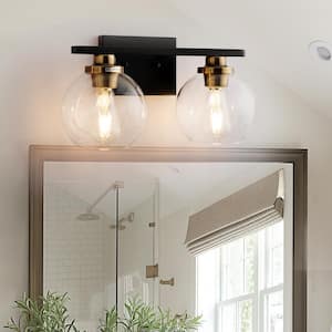 16 in. 2-Light Industrial Matte Black and Gold Bathroom Vanity Light, Open Globe Clear Glass Wall Sconce