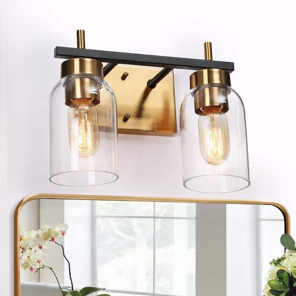 12 in. 2-Light Brass Gold Bathroom Vanity Light, Clear Glass Black Bath Lighting, Transitional Wall Sconce for Mirror