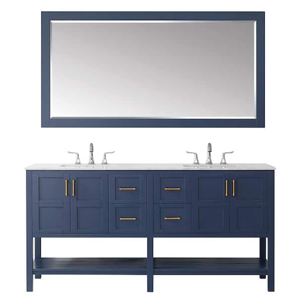 ROSWELL Florence 72 in. Bath Vanity in Blue with Marble Vanity Top in White with White Basins and Mirror