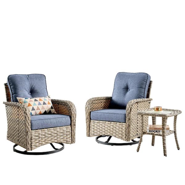 Beverly Gray 3-Piece Wicker Outdoor Patio Conversation Swivel Rocking Chair Seating Set with Denim Blue Cushions
