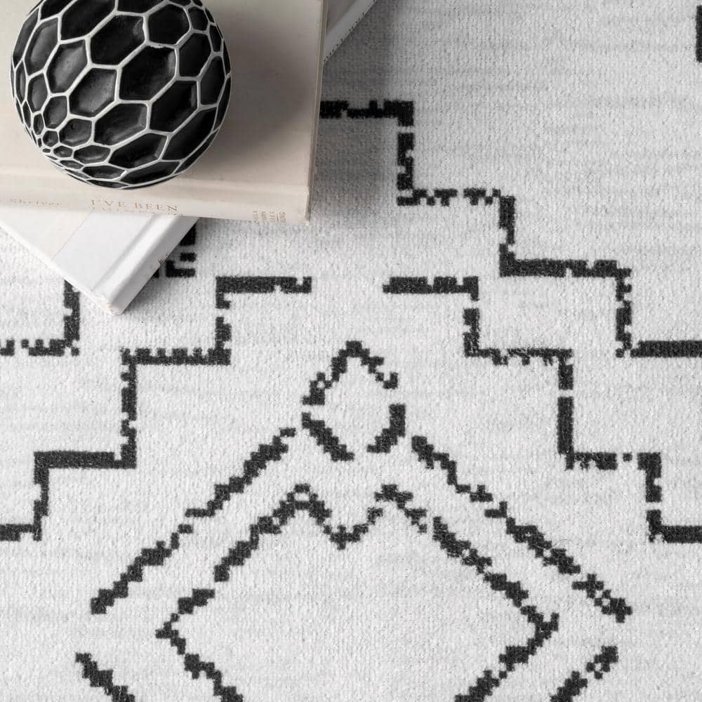 Ivory and Black Machine Washable Moroccan Area Rug