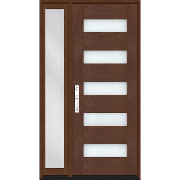 Regency 49 in. x 80 in. 5L Modern Clear Glass RHIS Chestnut Fiberglass Prehung Front Door w/10in. SL & 8011 NKL Lockset