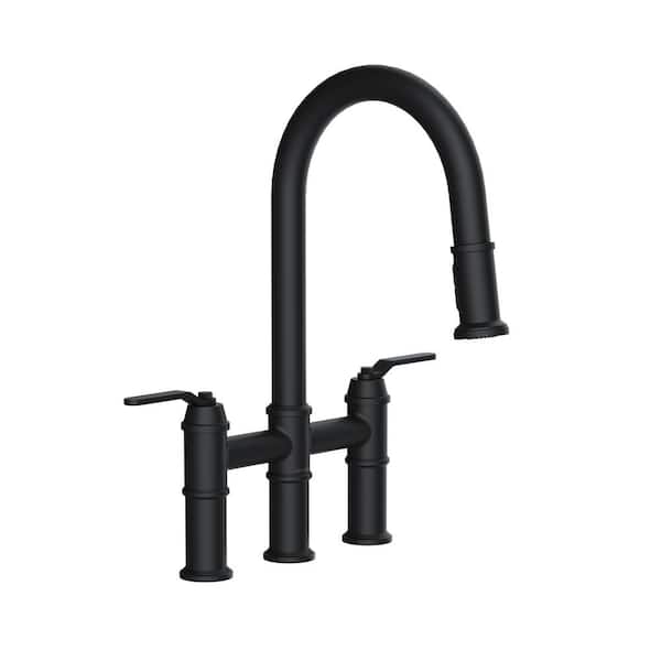 Gerber Kinzie Double Handle Pull Down Sprayer Bridge Kitchen Faucet 1.75 GPM in Satin Black