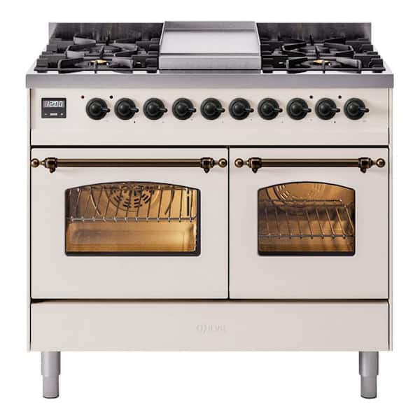 Nostalgie II 40 in. 6 Burner Dual Fuel Natural Gas Range in Antique White with Burnished Trim
