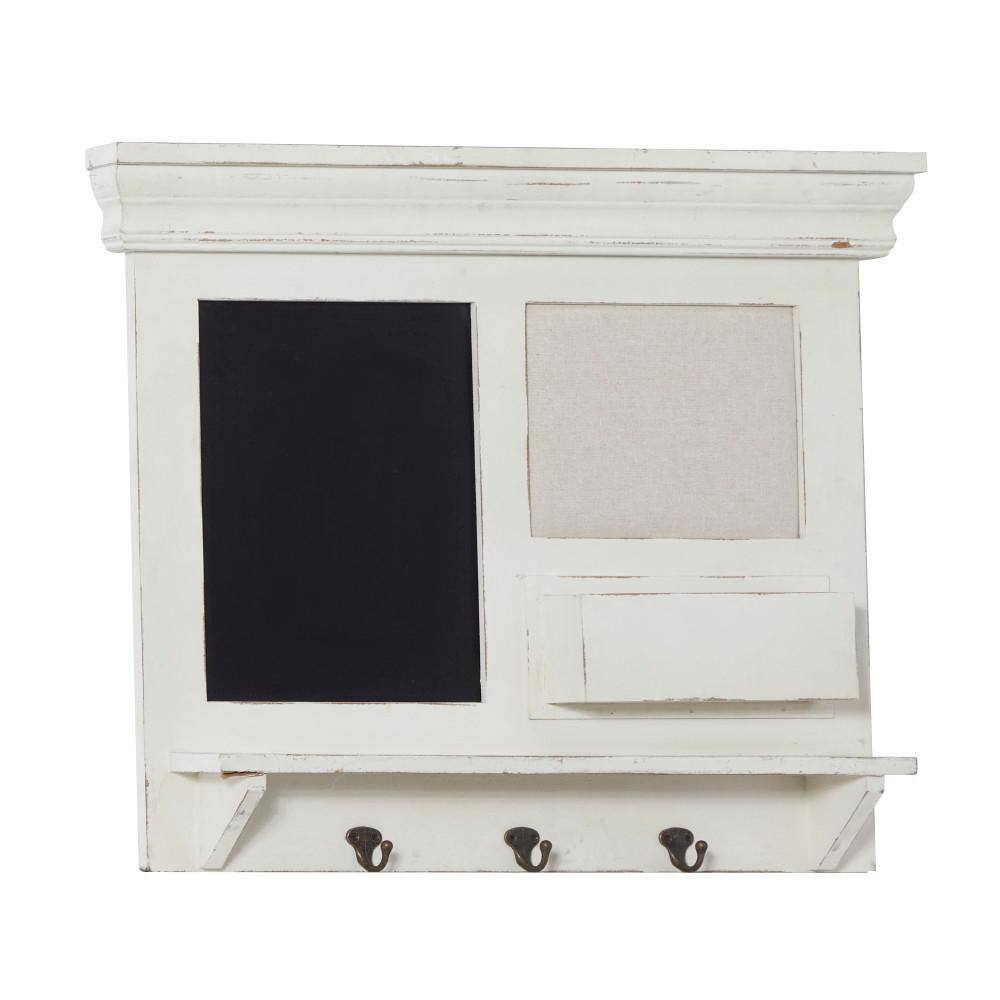 White Wood Nautical Wall Shelf with Chalkboard and Hooks