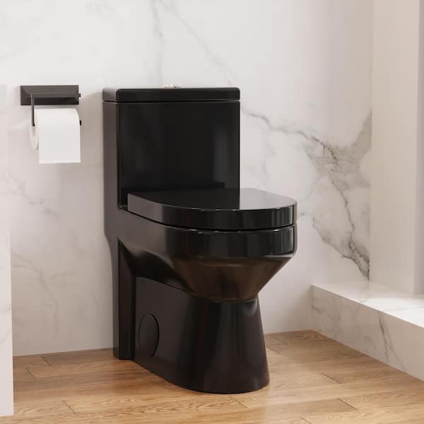 DEERVALLEY Liberty 12 in. Rough In 1-Piece 1.1/1.6 GPF Compact Dual Flush Round Toilet in Glossy Black, Seat Included