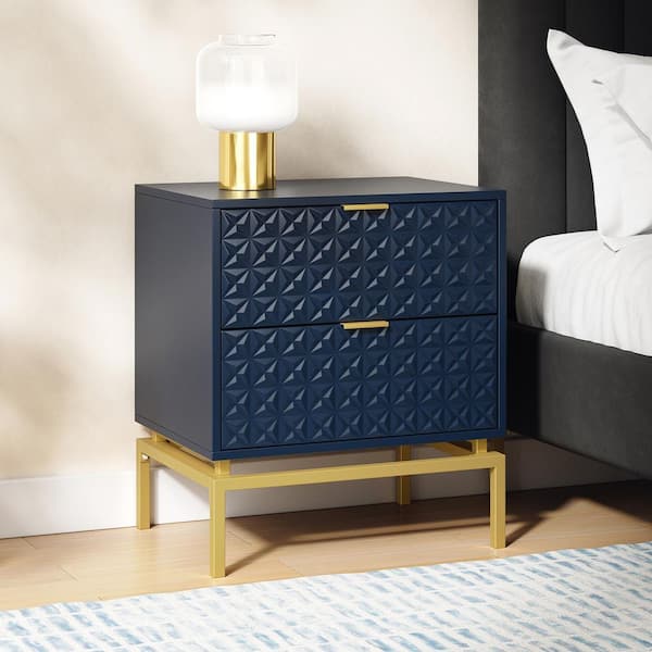 JAYDEN CREATION Vico Navy 25 in. Tall 2-Drawer Nightstand with Metal Hardware