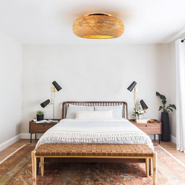 19 in. Indoor Black Flush Mount Standard Rattan Ceiling Fan with Dimmable Light and Remote Control